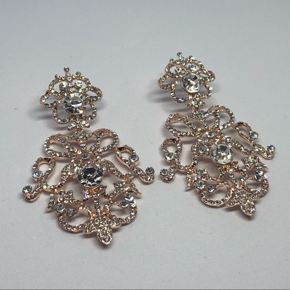 Wedding Formal Earrings Rose Gold Rhinestones - Picture 1 of 7
